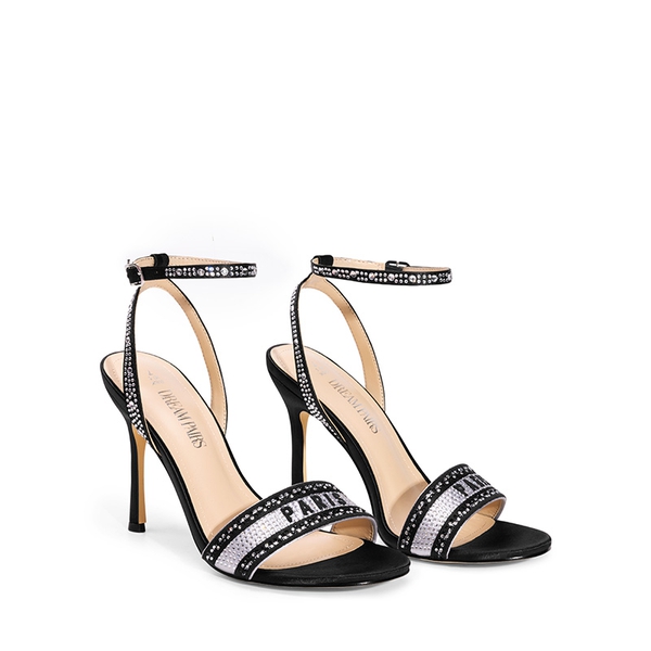 Minimalist Ankle Strap Stiletto Heel Sandals - BLACK-RHINESTONE - 4